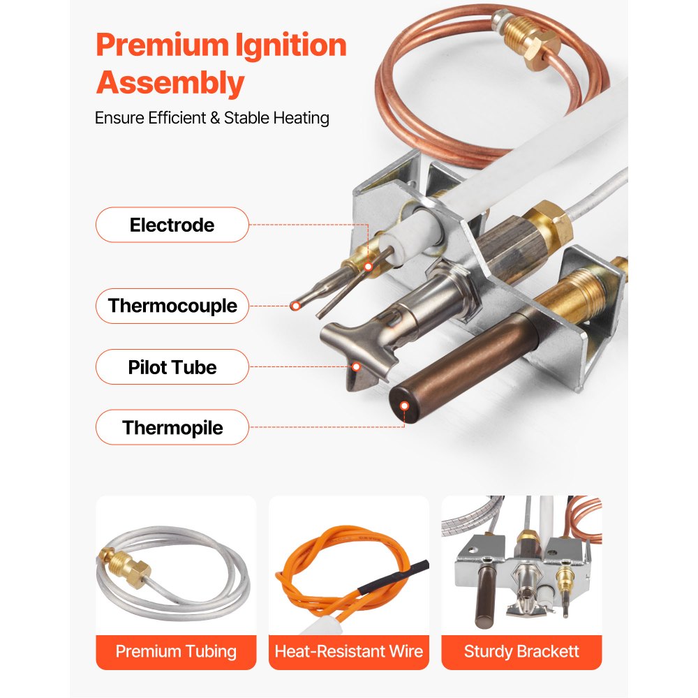 VEVOR Gruppo Pilota a Gas, OE 4021-732,  per Camino 25660, Ricambio per Accensione a Gas Naturale con Tubo Pilota, Termocoppia, Termopila, Cavi, Compatibile con i Modelli Heatilator