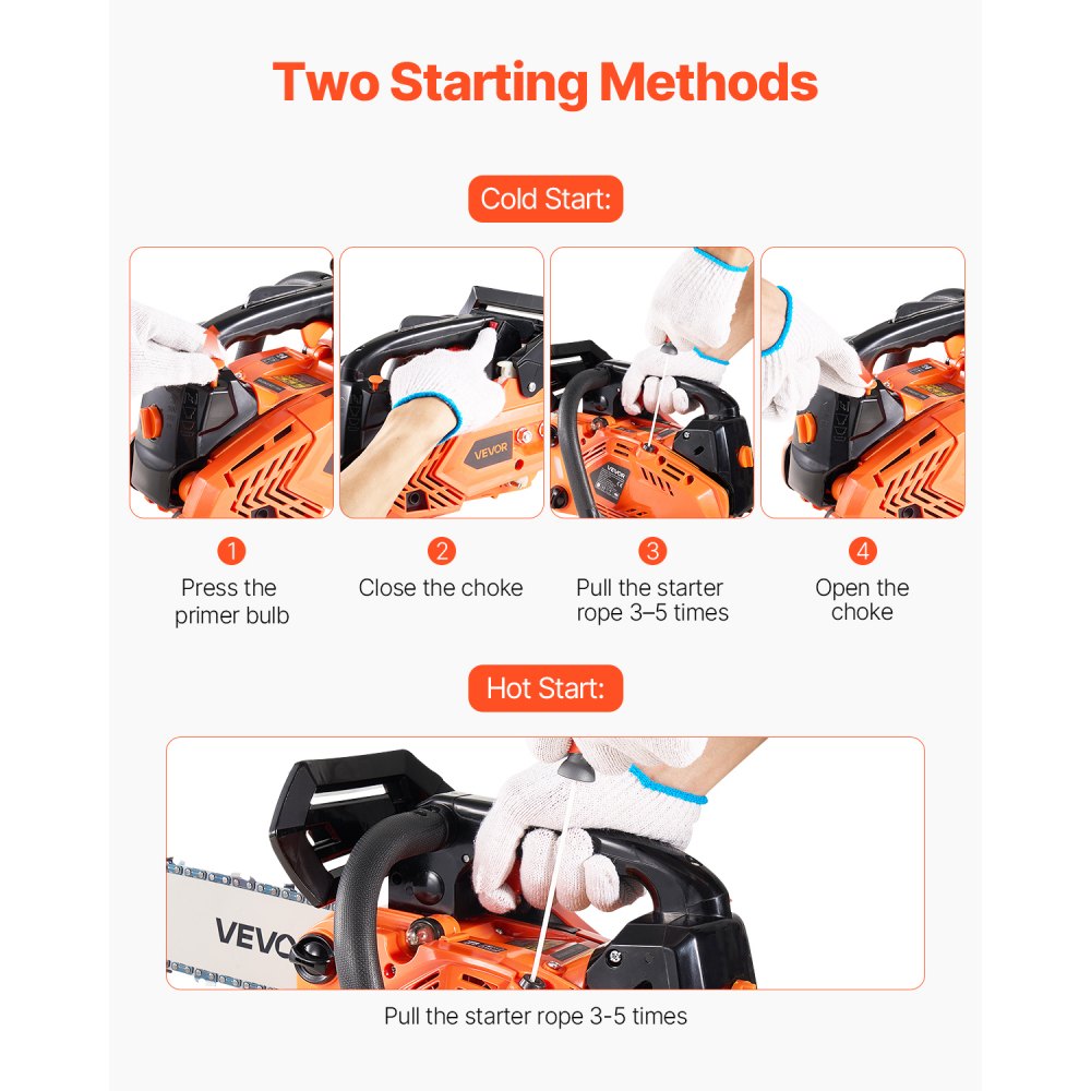 VEVOR 25cc Petrol Chainsaw, 305mm Bar, 1.02HP Saw with Non-Slip Handle, Dual Fuel Tanks and Emergency Stop Function, Max. 12000 RPM, for Logging, Tree Pruning and Clearing