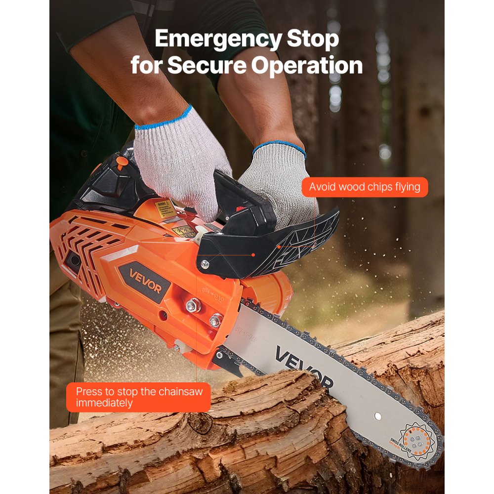VEVOR 25cc Petrol Chainsaw, 305mm Bar, 1.02HP Saw with Non-Slip Handle, Dual Fuel Tanks and Emergency Stop Function, Max. 12000 RPM, for Logging, Tree Pruning and Clearing
