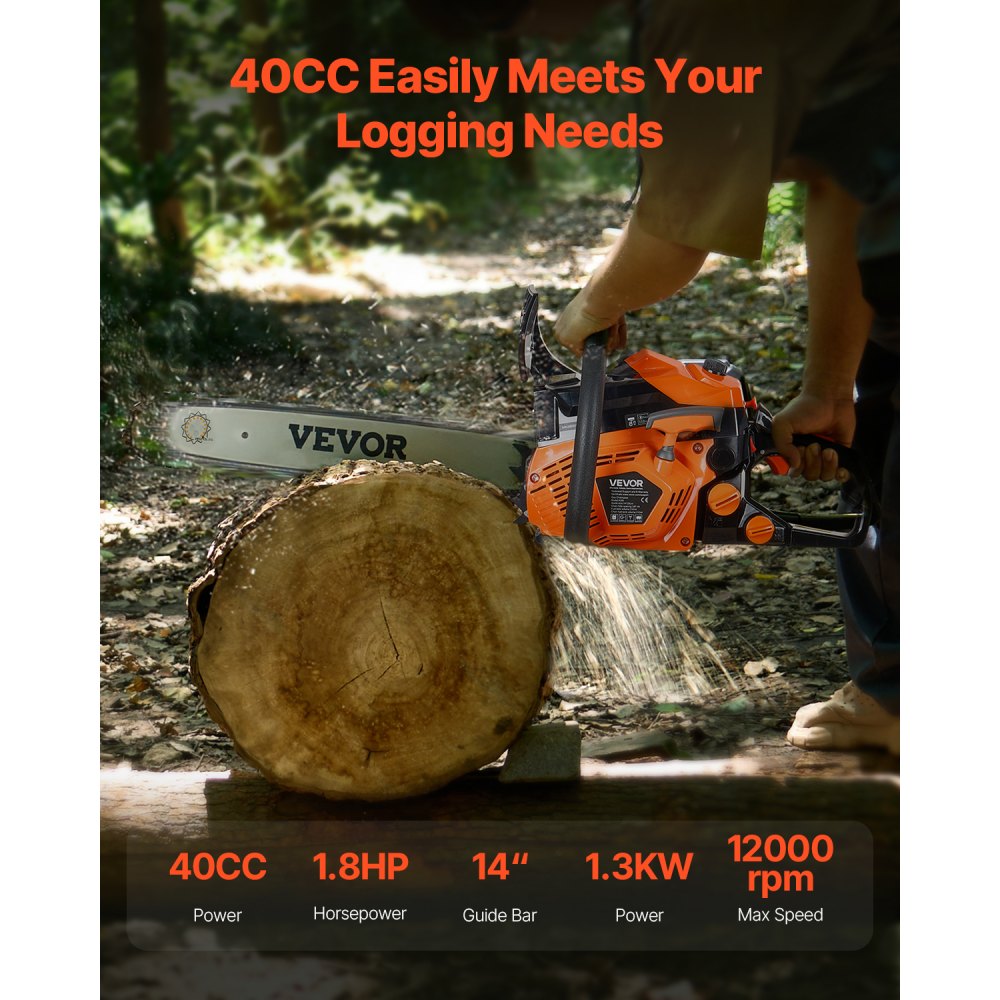 VEVOR 40cc Petrol Chainsaw, 355 mm Petrol Chainsaw, 1.8 HP Saw with Non-Slip Handle, Two Fuel Tanks, Emergency Stop Function, Max. 12000 RPM, for Logging, Tree Pruning & Clearing