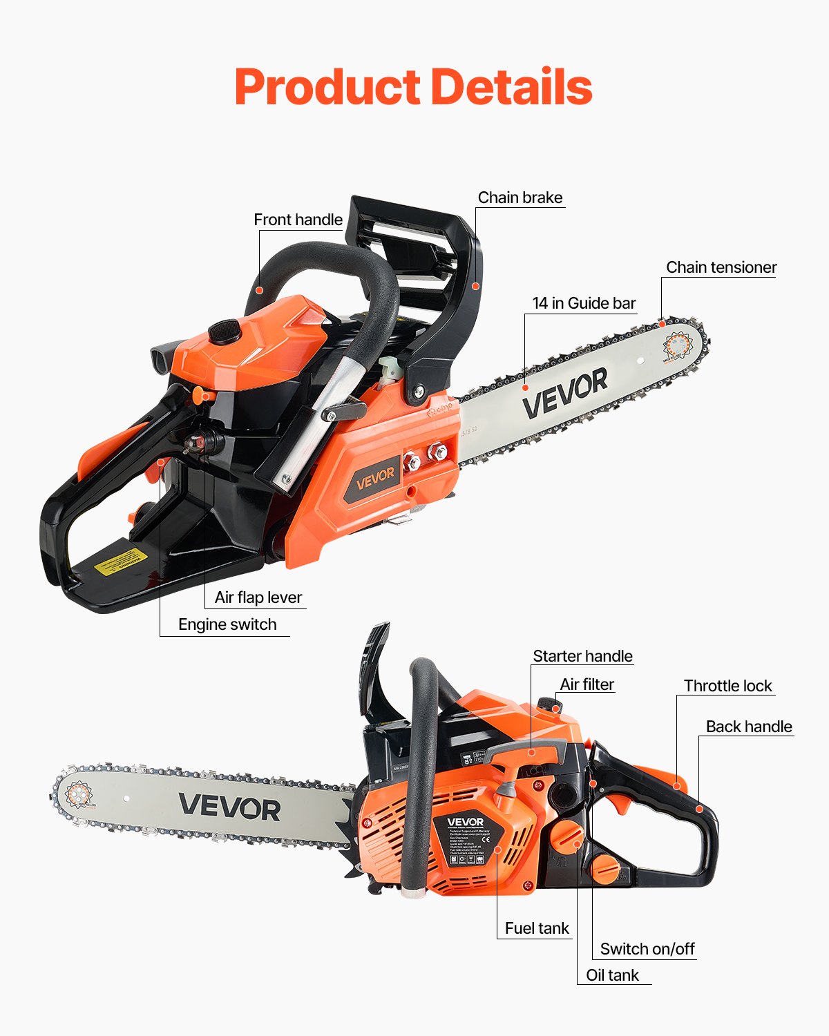 VEVOR Motosega a Gas da 40 cc Motosega a Scoppio da 355 mm 1,8 CV con Impugnatura Antiscivolo, con Doppio Serbatoio, per Taglio del Legno, Potatura degli Alberi e Disboscamento, Arancione Nero