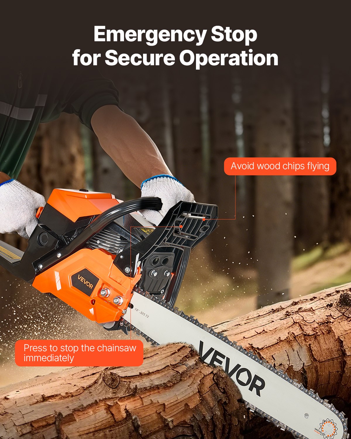 VEVOR 52cc Petrol Chainsaw, 455mm Chainsaw, 2.4HP Saw with Non-Slip Handle, Two Fuel Tanks and Emergency Stop Function, Max. 11800 RPM, for Logging, Tree Pruning and Clearing