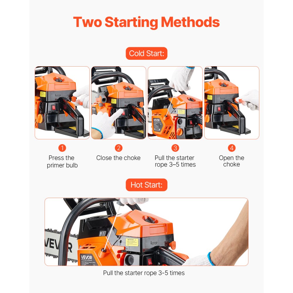 VEVOR 62cc Petrol Chainsaw, 508 mm Bar, 3.6 HP Engine with Non-Slip Handle, Dual Fuel Tanks & Emergency Stop Function, Max. 11800 RPM, for Logging, Tree Pruning & Clearing