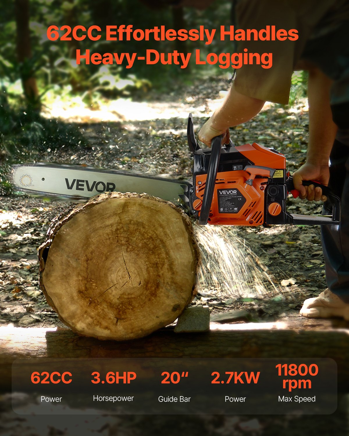 VEVOR 62cc Petrol Chainsaw, 508 mm Bar, 3.6 HP Engine with Non-Slip Handle, Dual Fuel Tanks & Emergency Stop Function, Max. 11800 RPM, for Logging, Tree Pruning & Clearing
