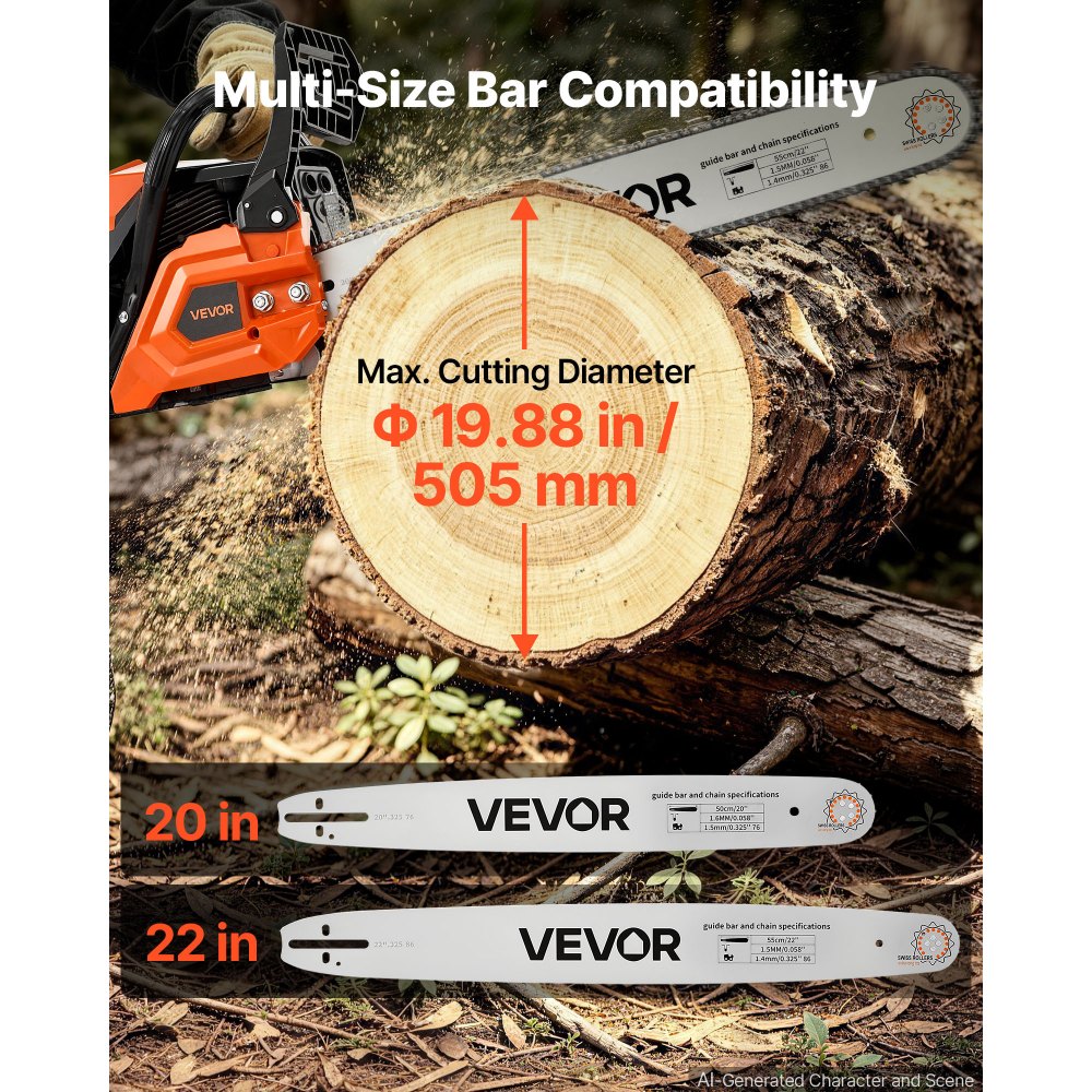 VEVOR Troncatrice a Benzina da 508 e 558,8 mm 62 cc 2,7 kW Motore a 2 Tempi, per Taglio Legno e Potatura di Alberi, Starter Sincronizzato con Acceleratore, Impugnatura Antiscivolo e Serbatoio Doppio