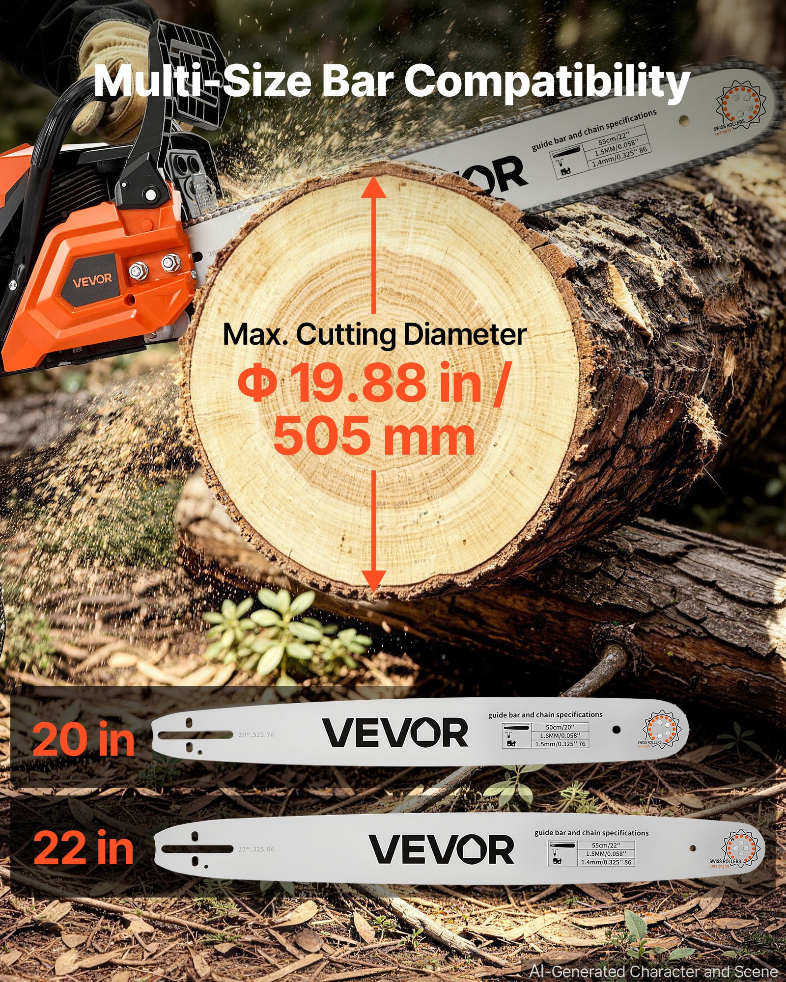VEVOR Troncatrice a Benzina da 508 e 558,8 mm 62 cc 2,7 kW Motore a 2 Tempi, per Taglio Legno e Potatura di Alberi, Starter Sincronizzato con Acceleratore, Impugnatura Antiscivolo e Serbatoio Doppio