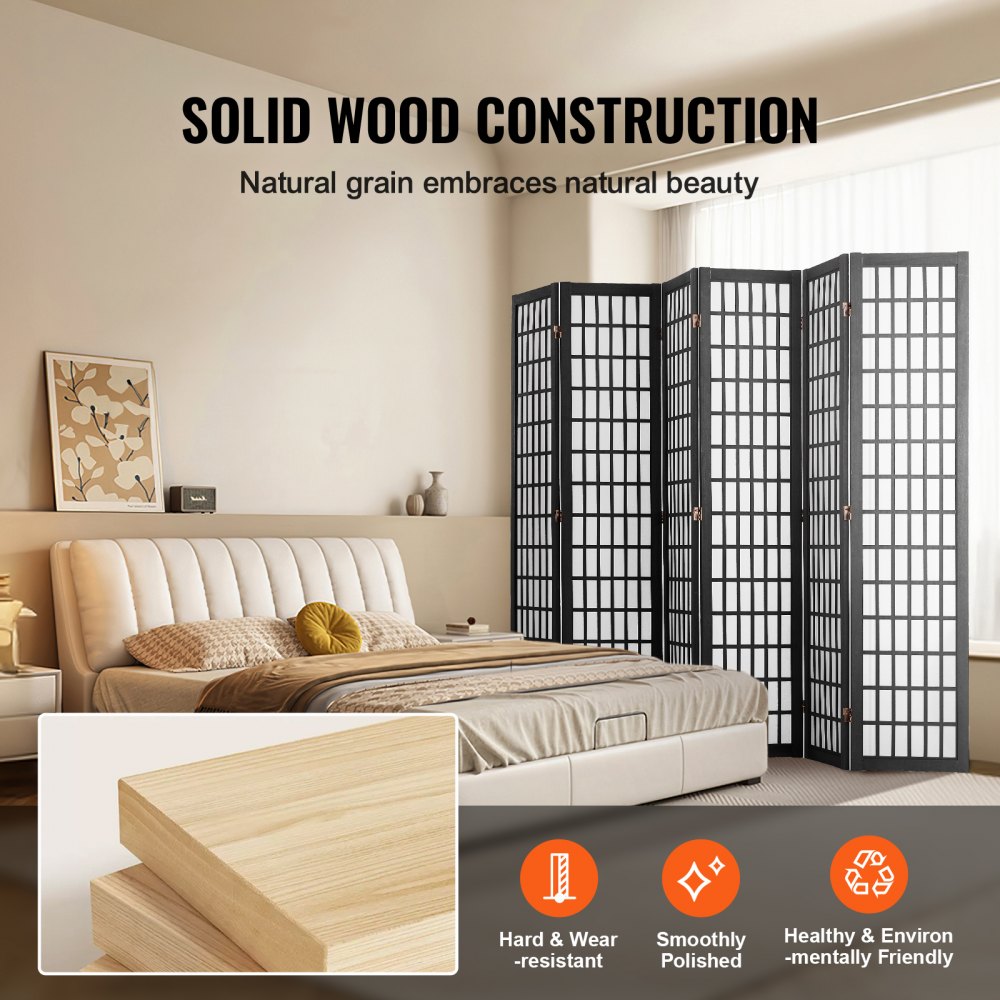 VEVOR Divisorio Giapponese per Privacy Divisorio Pieghevole, Schermo Decorativo Portatile per Separazione Spazio con 6 Pannelli Pieghevoli per Ufficio, Ristorante, Camera da Letto, Nero