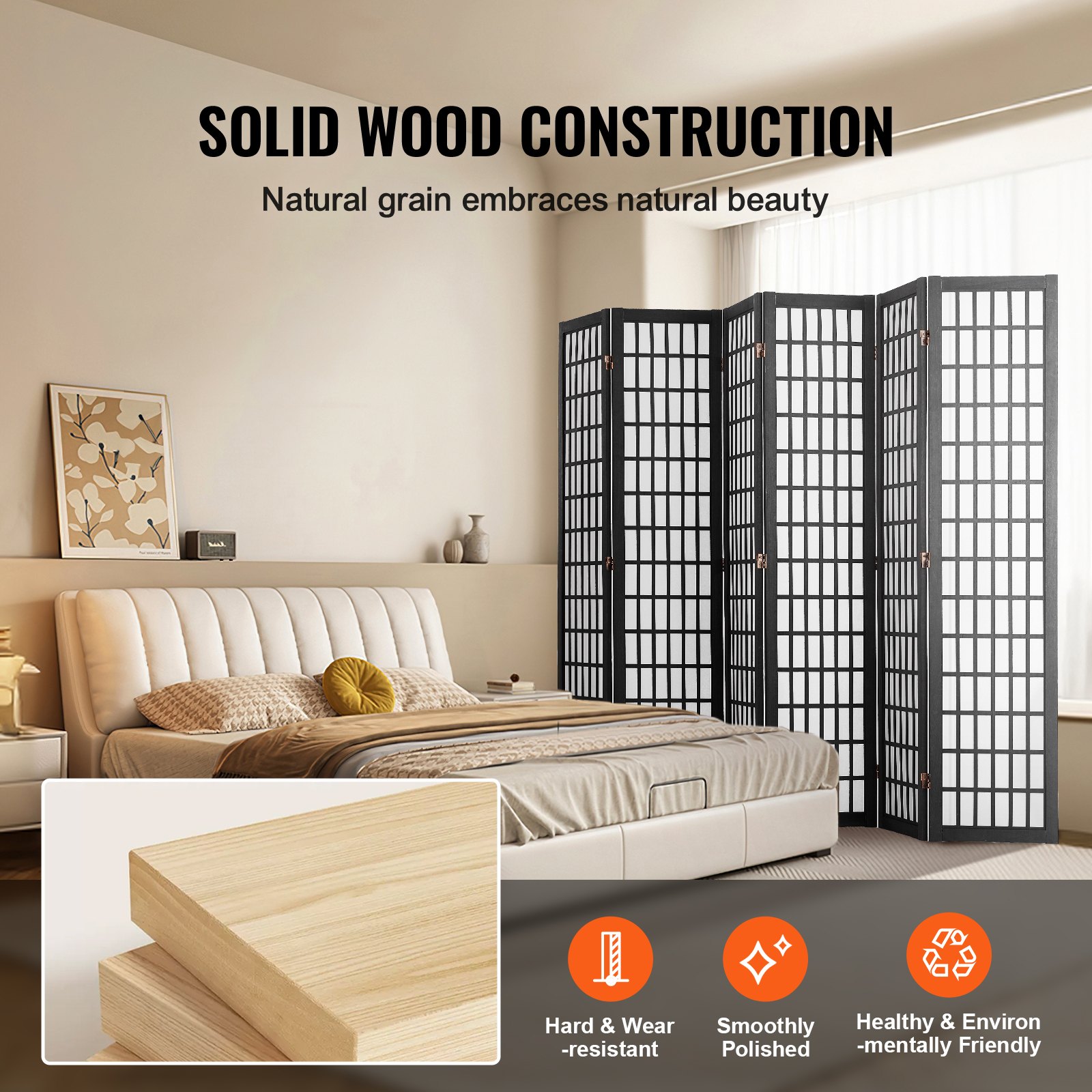 VEVOR Divisorio Giapponese per Privacy Divisorio Pieghevole, Schermo Decorativo Portatile per Separazione Spazio con 6 Pannelli Pieghevoli per Ufficio, Ristorante, Camera da Letto, Nero