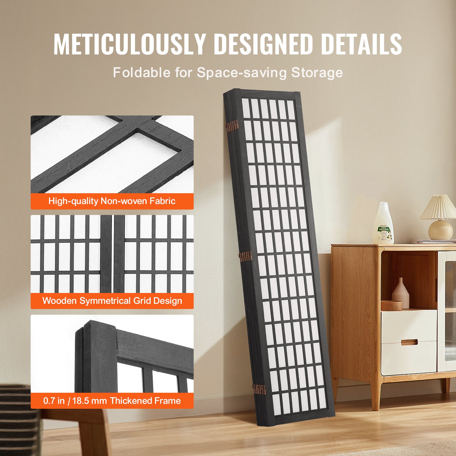 VEVOR Divisorio Giapponese per Privacy Divisorio Pieghevole, Schermo Decorativo Portatile per Separazione Spazio con 6 Pannelli Pieghevoli per Ufficio, Ristorante, Camera da Letto, Nero