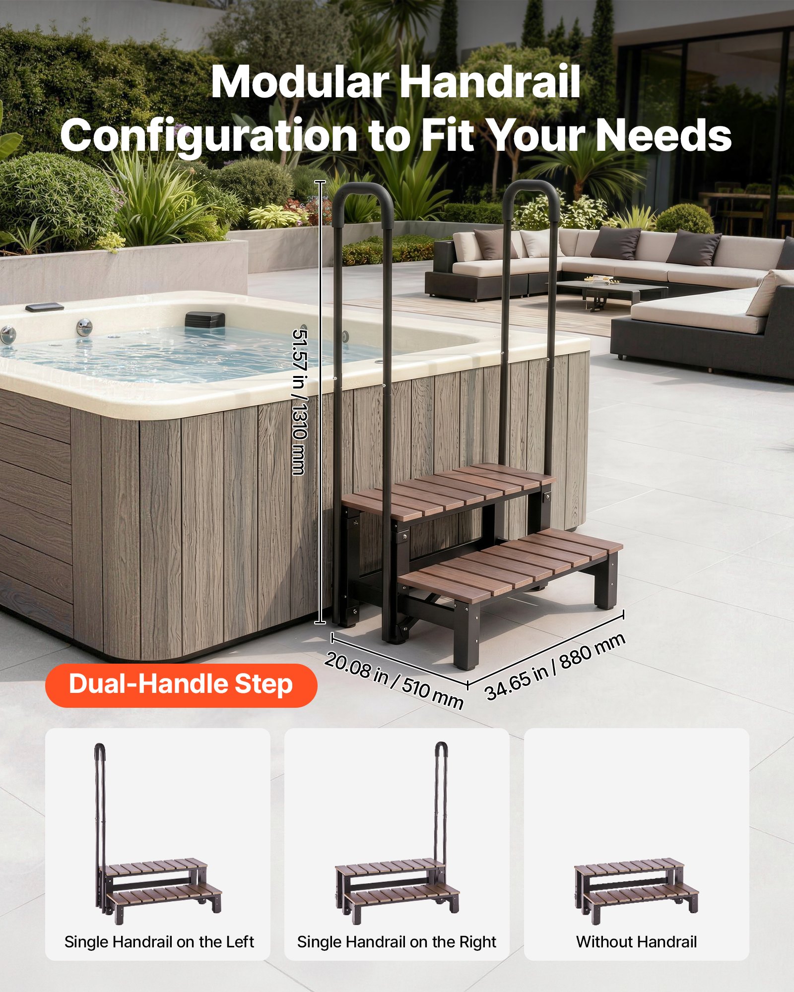 VEVOR Scaletta per Vasca Idromassaggio 2 Gradini da Esterno Carico 250kg, Struttura in Acciaio e HIPS, Corrimano, Piscina Fuori Terra Gonfiabile Camper, Gradino Larghezza 820mm, Scaletta Antiscivolo