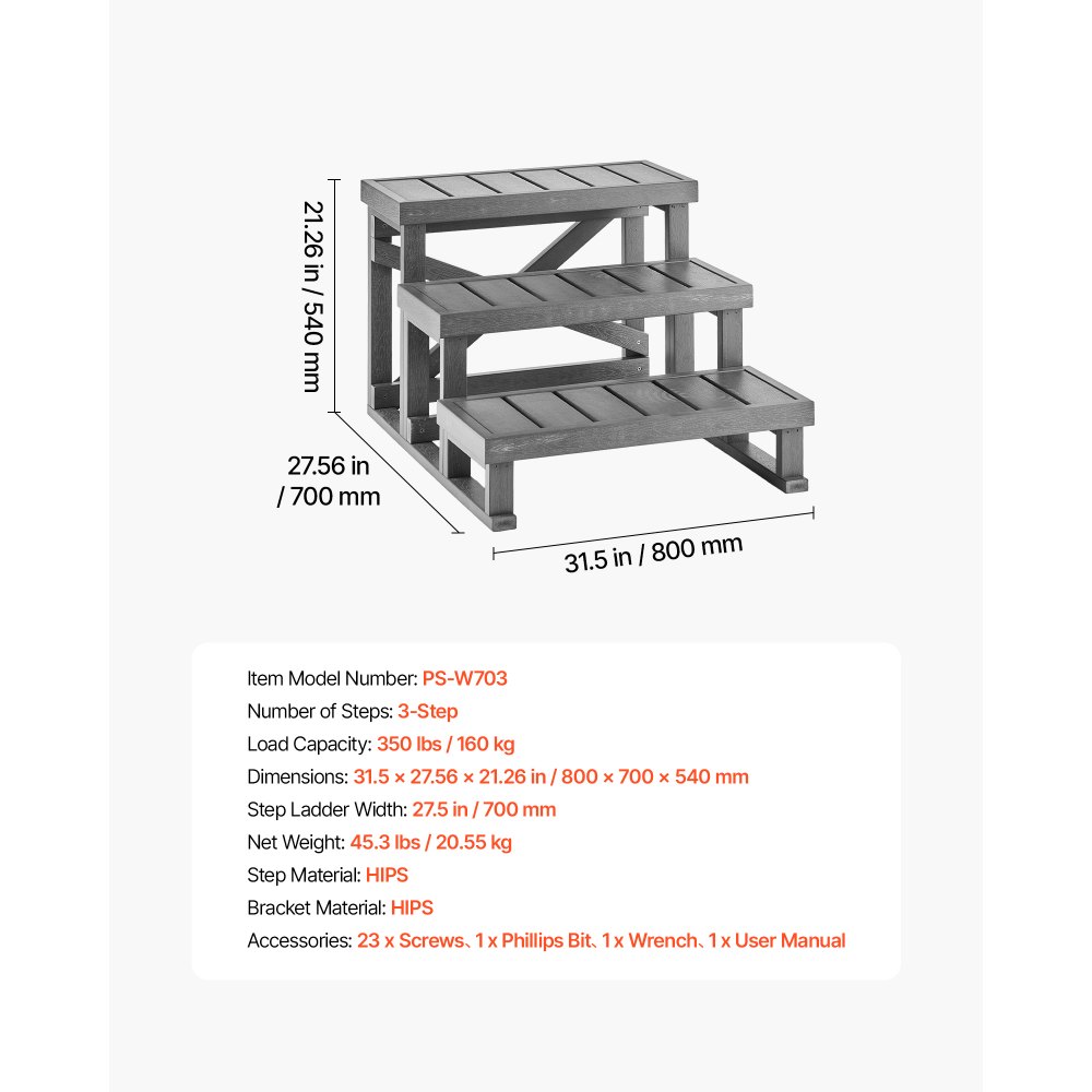 VEVOR Gradini per Vasca Idromassaggio da Esterno Larghezza 700 mm 160 kg, Scalettta a 3 Gradini Piedini Antiscivolo in Plastica HIPS, Accesso per Piscina Fuoriterra, Camper, Giardino, Cortile