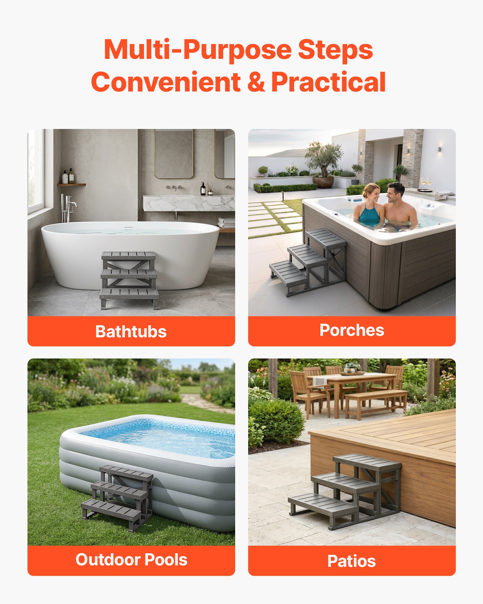 VEVOR Gradini per Vasca Idromassaggio da Esterno Larghezza 700 mm 160 kg, Scalettta a 3 Gradini Piedini Antiscivolo in Plastica HIPS, Accesso per Piscina Fuoriterra, Camper, Giardino, Cortile