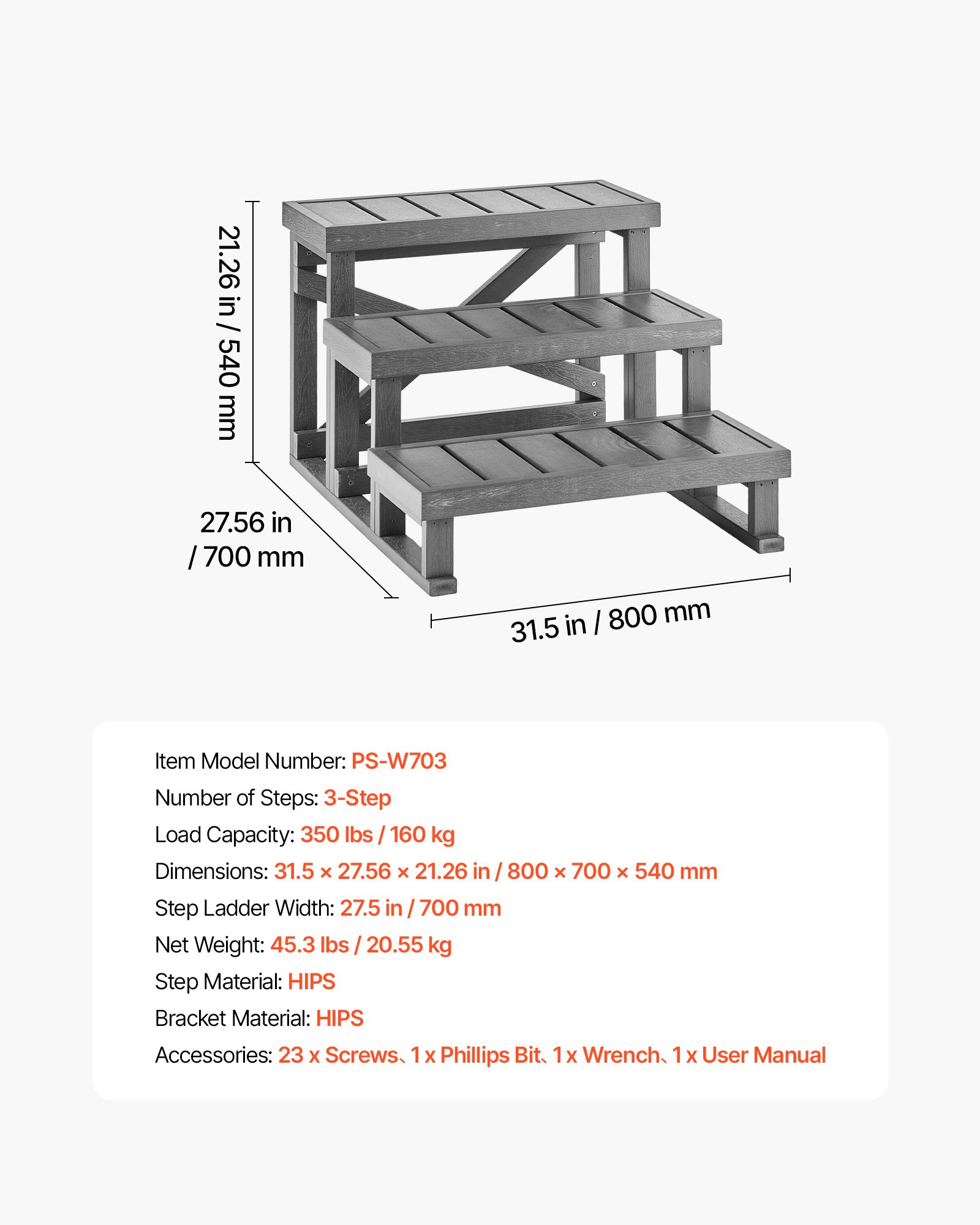 VEVOR Gradini per Vasca Idromassaggio da Esterno Larghezza 700 mm 160 kg, Scalettta a 3 Gradini Piedini Antiscivolo in Plastica HIPS, Accesso per Piscina Fuoriterra, Camper, Giardino, Cortile