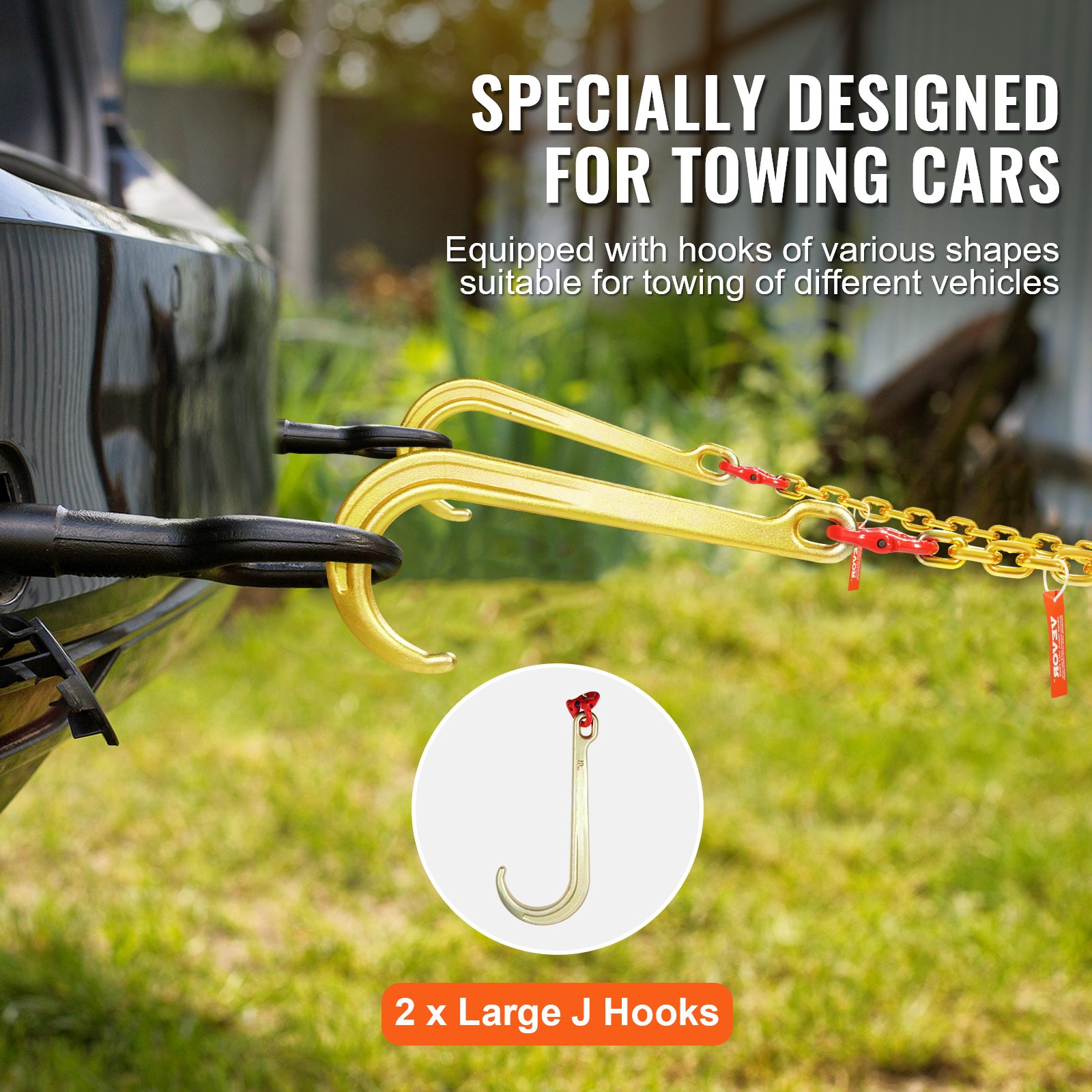 VEVOR G80 V-cable chain, 5/16 inch x 2 foot tow chain with 15 inch J-hook and grab hook, heavy-duty transport tow chain with 10,800 lb safe working load for flatbed truck recovery