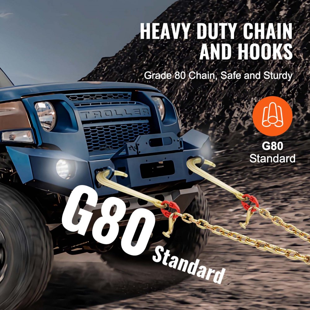 VEVOR G80 V-cable chain, 3/8 inch x 2 foot tow chain with 15 inch J-hook, T-hook and grab hook, heavy-duty transport tow chain with 7800 lbs safe working load for flatbed truck recovery