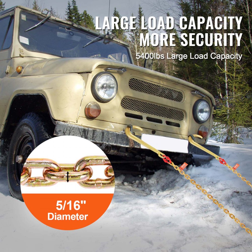 VEVOR J-Hook Chain, 2 pieces, 5/16 inch x 6 foot G80, 15 inch long shank J-hook tow chain with RTJ cluster hook and grab hook, 5400 lbs working load, heavy-duty transport truck chain for towing trailers