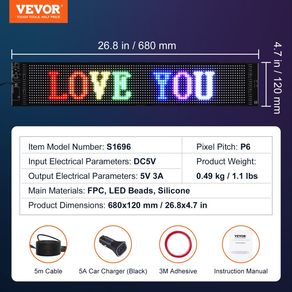 VEVOR Insegna LED programmabile, Pannello a Scorrimento LED a Colori P6, Tabellone Fai da Te, Controllo App Bluetooth, Segnaletica per Negozio, Pubblicità per Auto, 68x12 cm