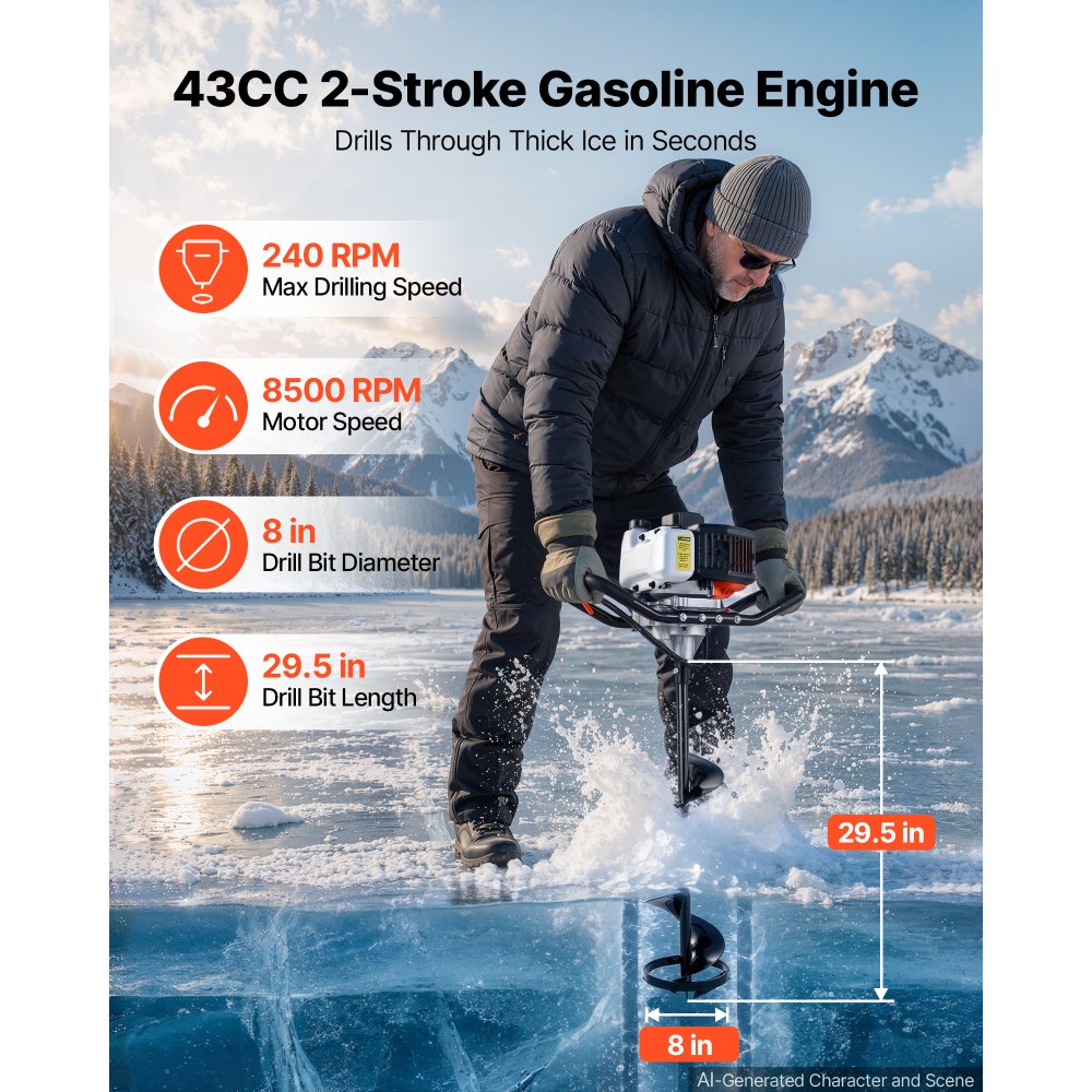 VEVOR Gas Powered Ice Auger 43CC 2-Stroke 203mm 2 in 1 Cordless Earth Auger, for Ice Fishing & Gardening, Cold-Resistant Post Hole Digger, Heavy Duty Burrowing Drilling with Drill Bits & Blade Guard