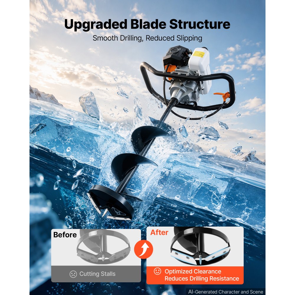 VEVOR Gas Powered Ice Auger 43CC 2-Stroke 203mm 2 in 1 Cordless Earth Auger, for Ice Fishing & Gardening, Cold-Resistant Post Hole Digger, Heavy Duty Burrowing Drilling with Drill Bits & Blade Guard
