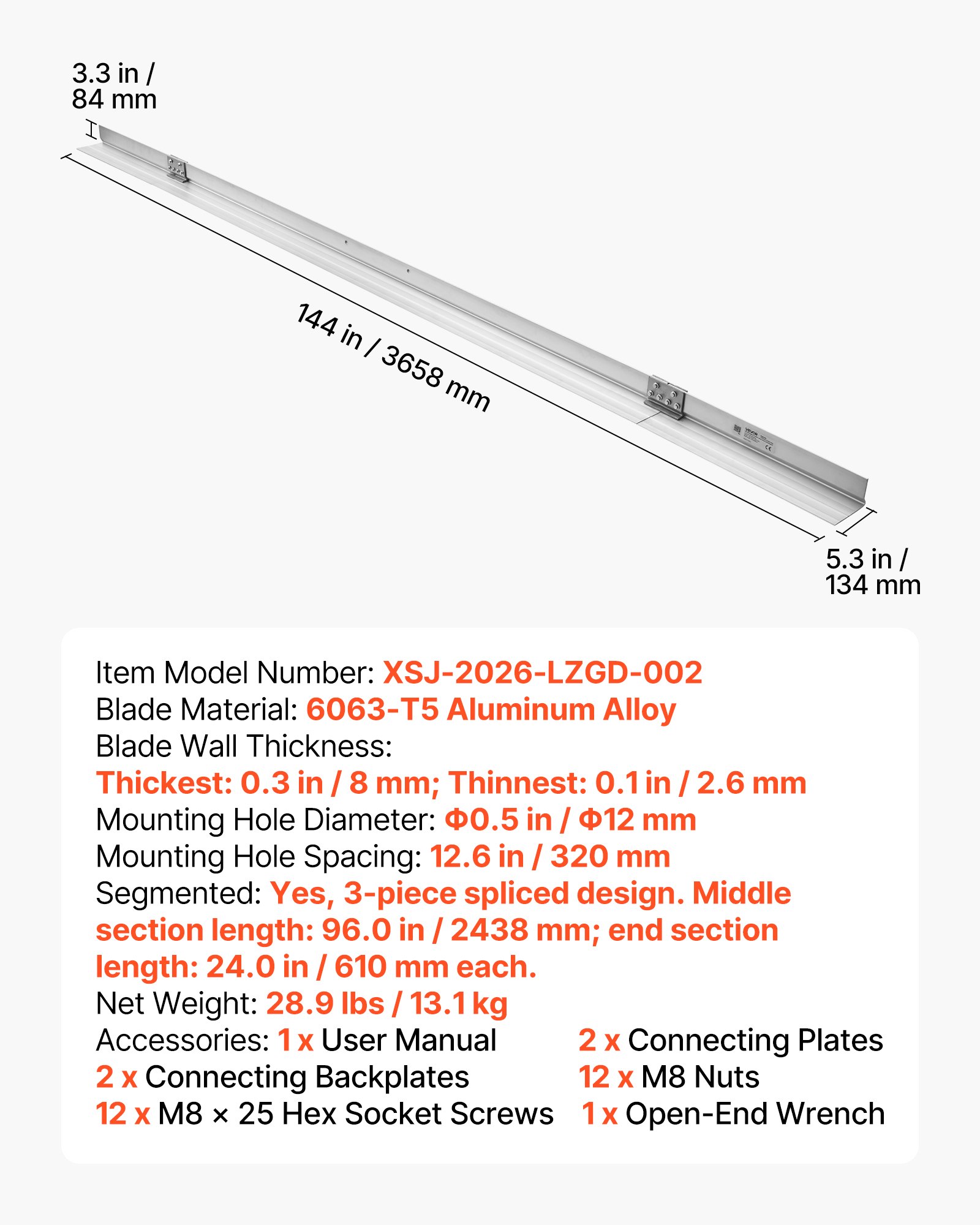 VEVOR Lama per Staggia Vibrante da Calcestruzzo 3658 mm Lega di Alluminio, Bordo Dritto da 135 mm, Copertura Estesa, Lama di Ricambio per Finitura del Calcestruzzo, per Vialetti, Patio e Marciapiedi