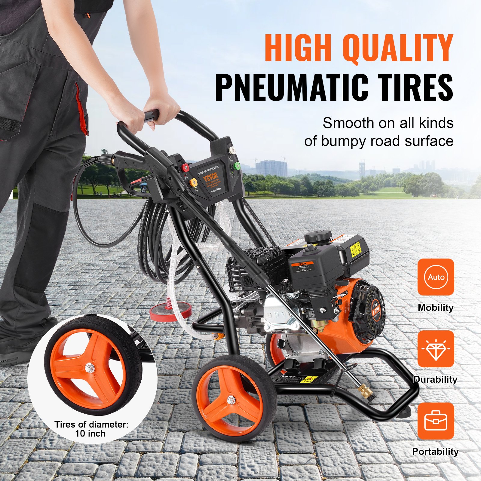 VEVOR Petrol Pressure Washer, 3400 PSI 2.6 GPM, Patio Cleaner 10 L/min with Aluminum Pump, High Pressure Gun & Extension Wand, 5 Nozzle Set, for Cars, Fences, Houses, Patios, Vertical