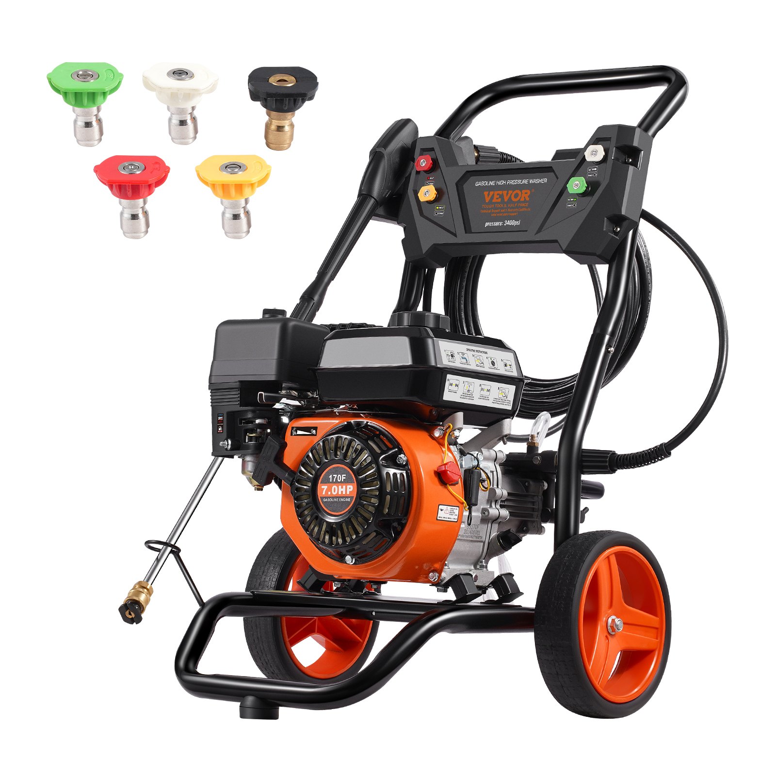 VEVOR Petrol Pressure Washer, 3400 PSI 2.6 GPM, Patio Cleaner 10 L/min with Aluminum Pump, High Pressure Gun & Extension Wand, 5 Nozzle Set, for Cars, Fences, Houses, Patios, Vertical