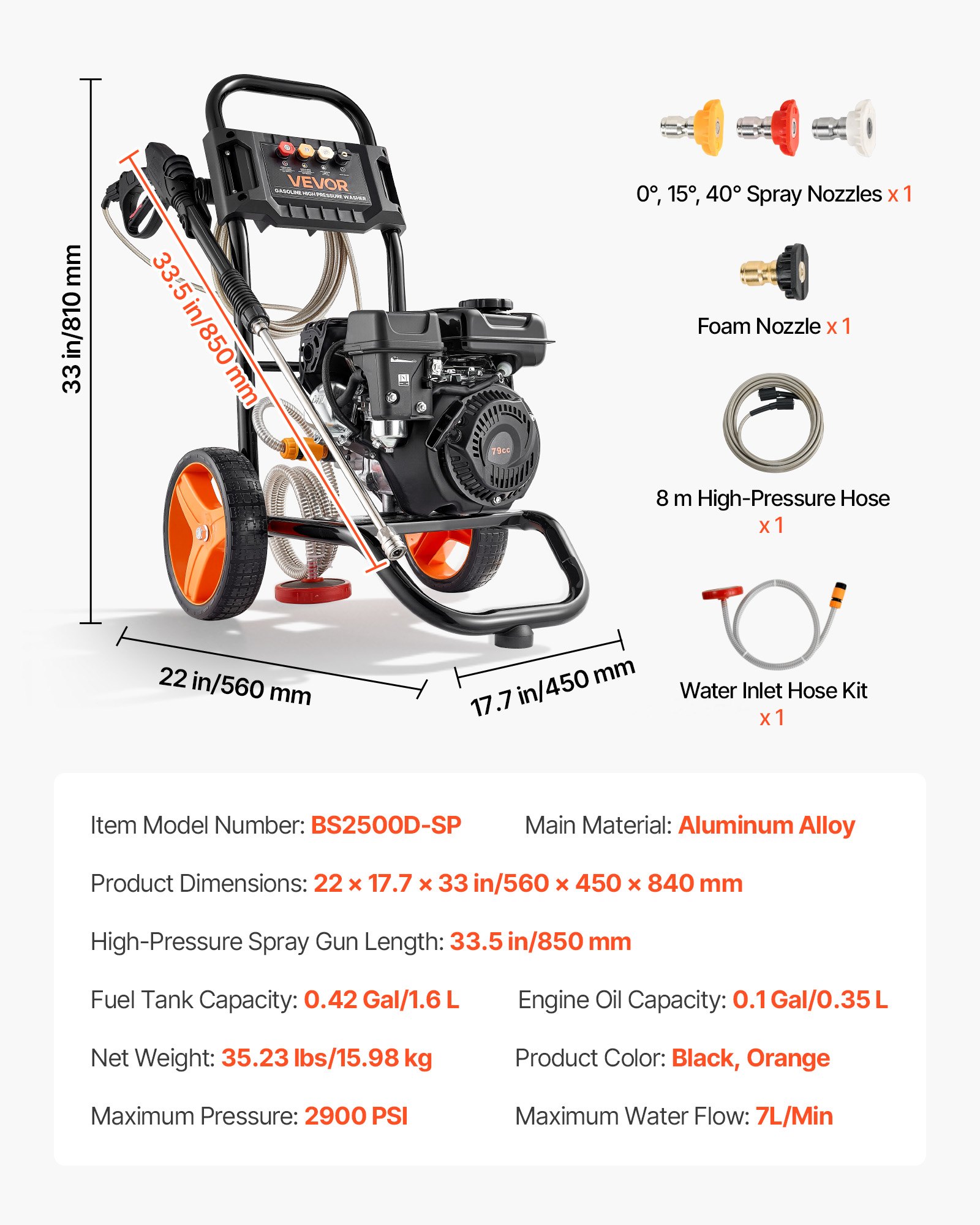 VEVOR Idropulitrice a Gas con Pompa in Alluminio di Ultima Generazione con Spray a Spruzzo e Lancia, Set di 4 Ugelli, Idropulitrice a Gas per Auto, Recinzioni, Vialetti, Case, Cortili, Mobili
