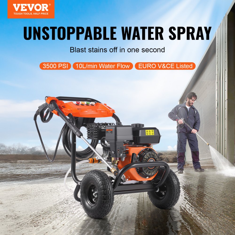 VEVOR Petrol Pressure Washer, 3500 PSI 10 L/min, 2.6 GPM Patio Cleaner with Aluminum Pump, High Pressure Gun & Extension Wand, 5 Nozzle Set, for Cars, Fences, Houses, Driveways, Patios