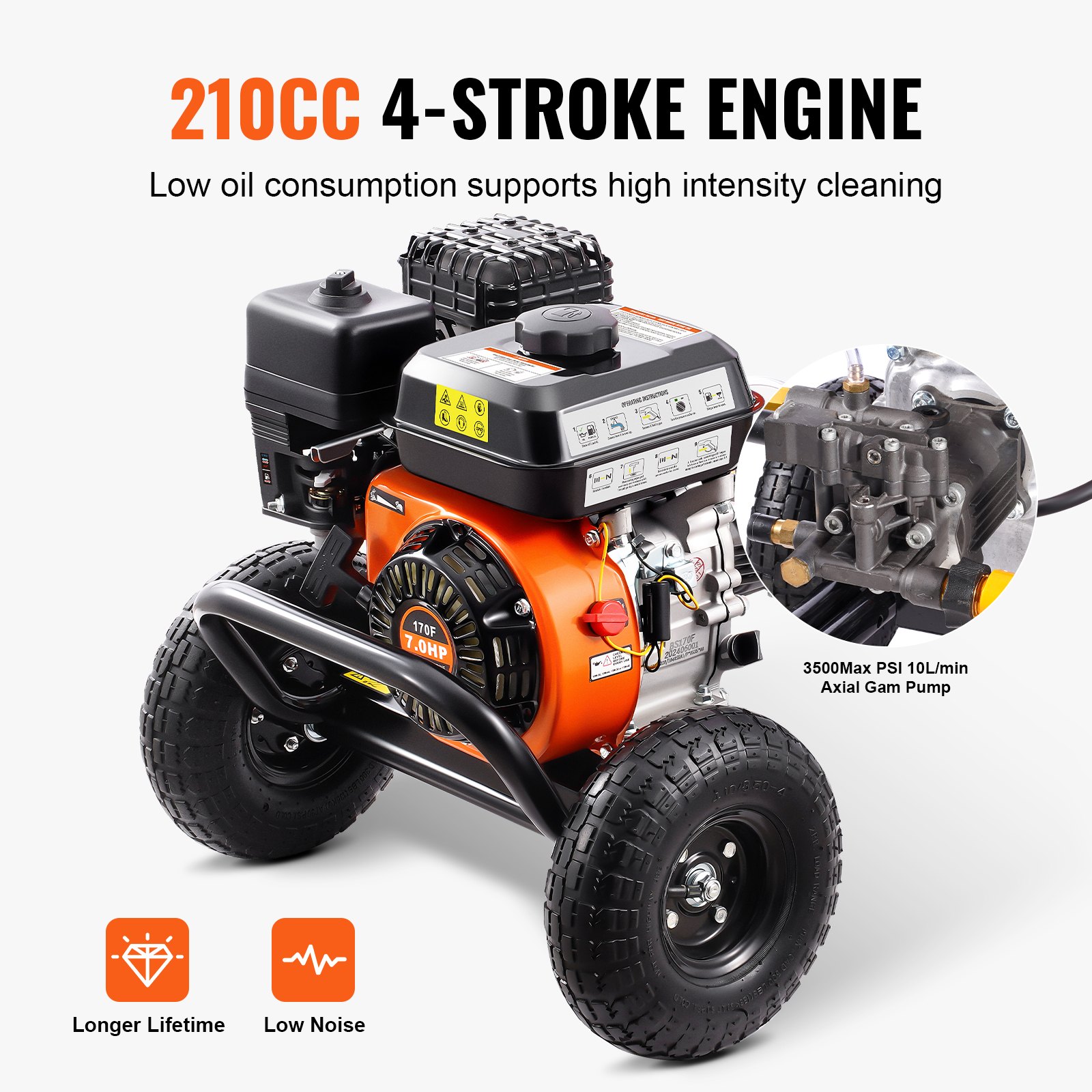 VEVOR Idropulitrice a Gas 246,07 kgf/cm² 10 L/min Idropulitrice a Gas con Pompa in Alluminio, Prolunga, Set da 5 Ugelli, Idropulitrice ad Alta Pressione per Auto, Recinzioni, Case, Cortili, Verticale