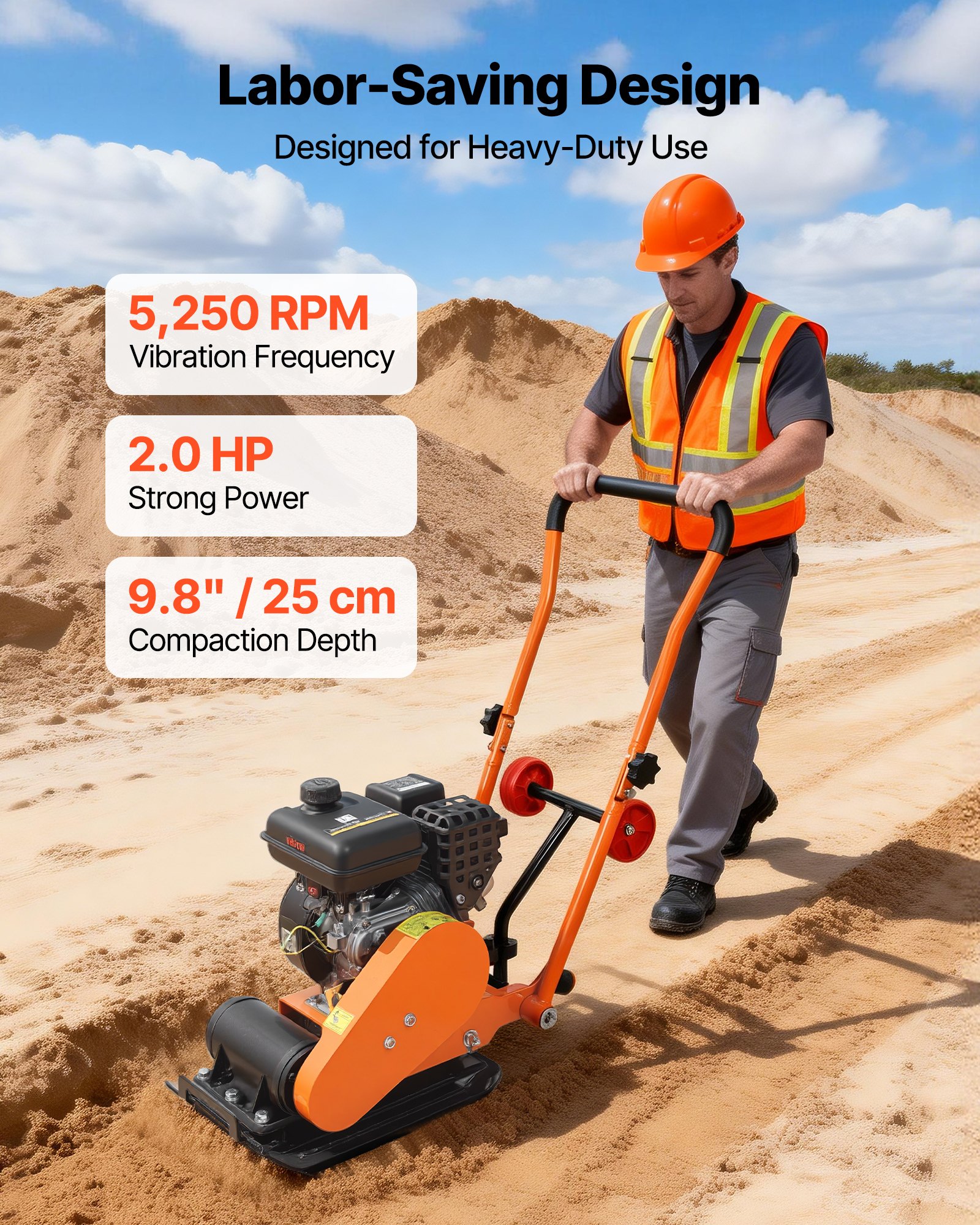 VEVOR Compattatore Piastra Vibrante a Benzina 8 kN 2 CV, Piastra Vibrante per Lavori di Pavimentazioni Paesaggistica Asfalto, Compattatore del Terreno 5250 giri/min Area di Compattazione 41 x 31,5 cm