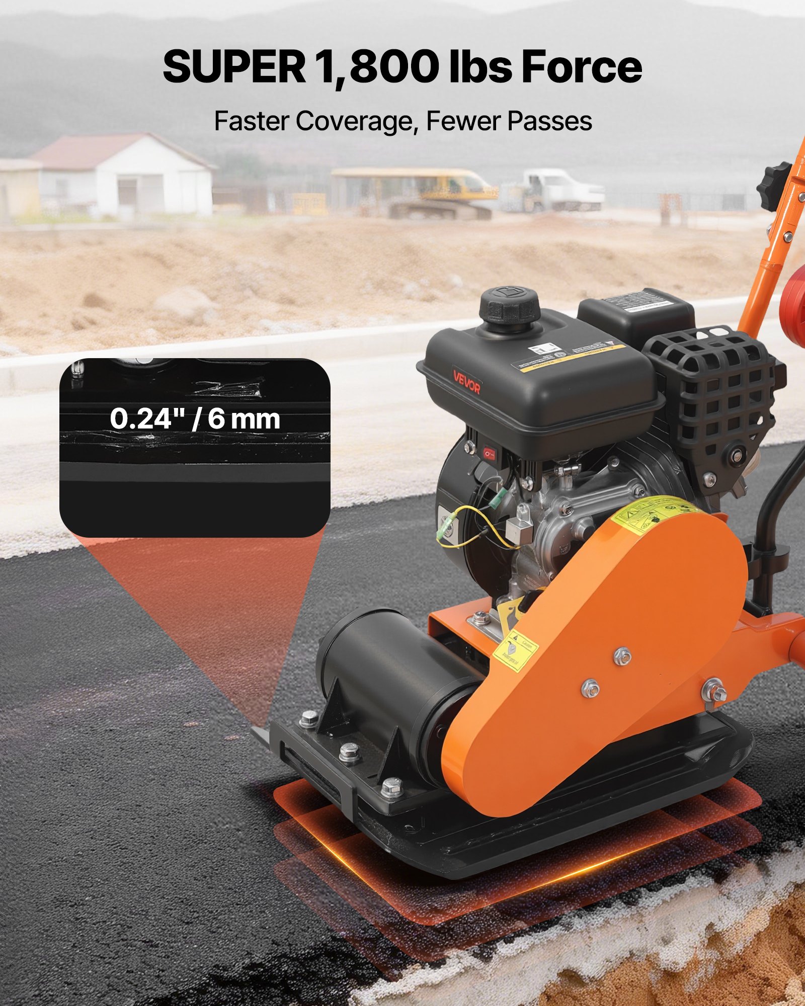 VEVOR Compattatore Piastra Vibrante a Benzina 8 kN 2 CV, Piastra Vibrante per Lavori di Pavimentazioni Paesaggistica Asfalto, Compattatore del Terreno 5250 giri/min Area di Compattazione 41 x 31,5 cm