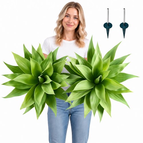 VEVOR Agave Artificiale, Set da 2, 711 mm Larghezza x 559 mm Altezza, Verde, Pianta Artificiale con Picchetti da Terra, Aspetto Realistico, in HDPE Durevole, per Casa, Giardino, Ufficio e Soggiorno