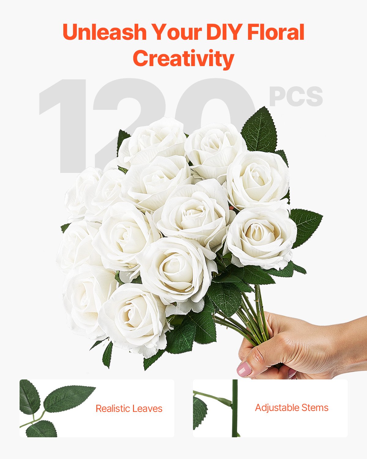 VEVOR Artificial Rose Flowers, 120 Pieces Artificial Flowers, White Fake Roses with Stems, Foam Roses for DIY Wedding Bouquets, Bridal Bouquets, Valentine's Day, Mother's Day, Home Decoration