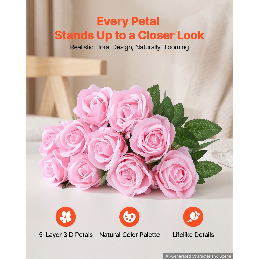 VEVOR Rose Artificiali Rosa 60 Pezzi con Steli in Seta Fiori Finti per Vaso, Fiori Artificialli Realistici per Vasi, Centrotavola, Matrimoni, Feste, Bouquet, Decorazioni Casa e Composizioni Fai da Te