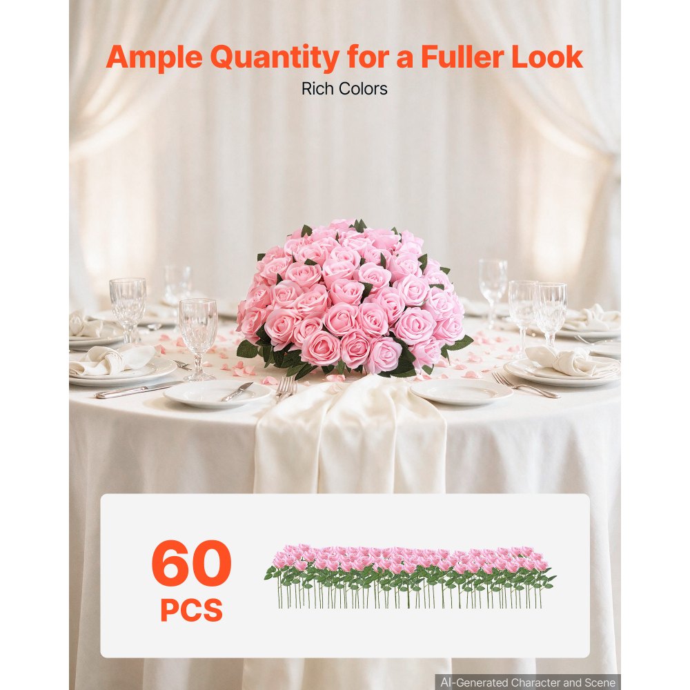 VEVOR Rose Artificiali Rosa 60 Pezzi con Steli in Seta Fiori Finti per Vaso, Fiori Artificialli Realistici per Vasi, Centrotavola, Matrimoni, Feste, Bouquet, Decorazioni Casa e Composizioni Fai da Te