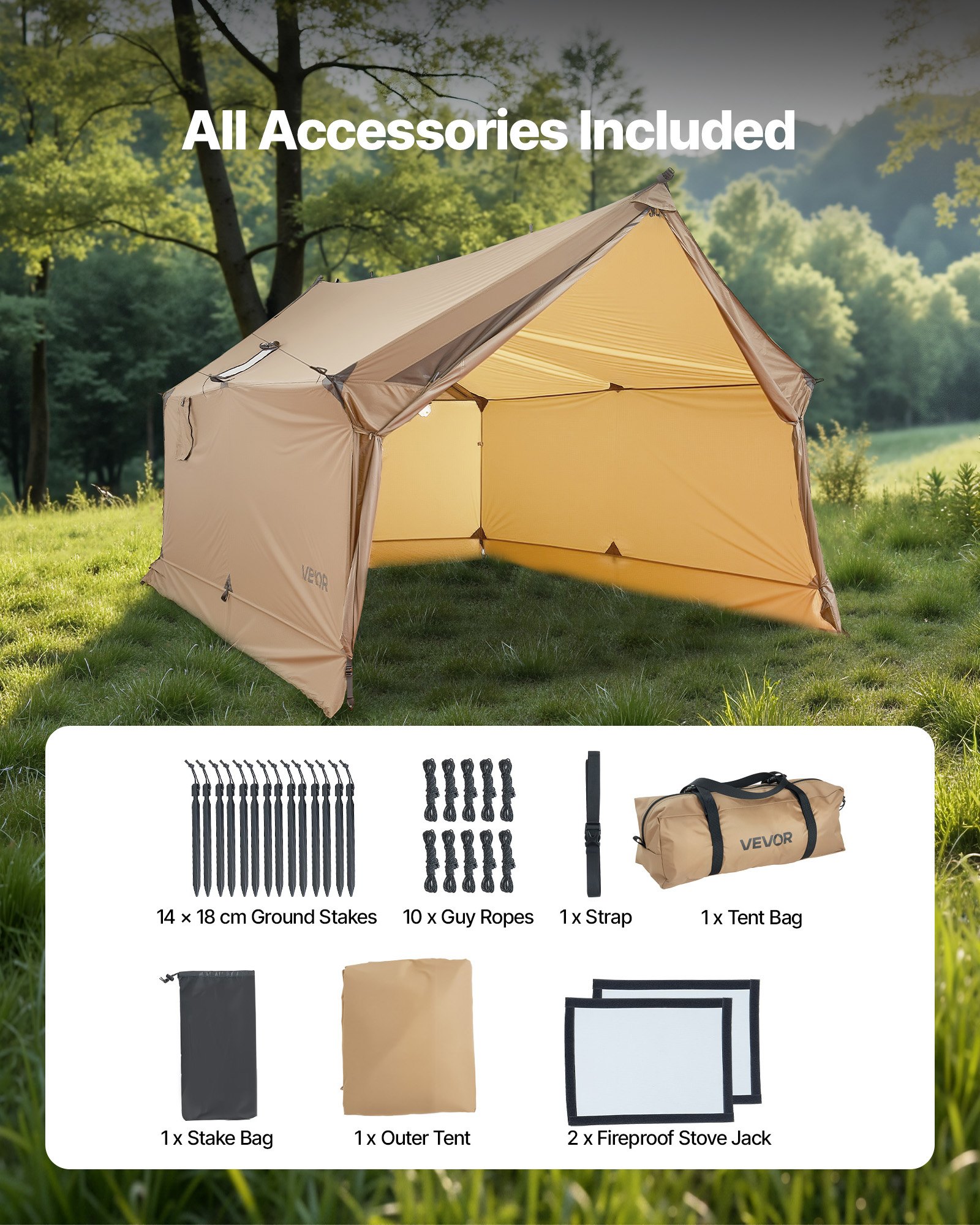 VEVOR Tenda Invernale da Campeggio per Esterno Capienza ca. 2 Persone, Tenda Portatile con Foro per Stufa, Borsa per Trasporto, Prese d'Aria, Tessuto Impermeabile PU2500mm, Campeggio, Pesca