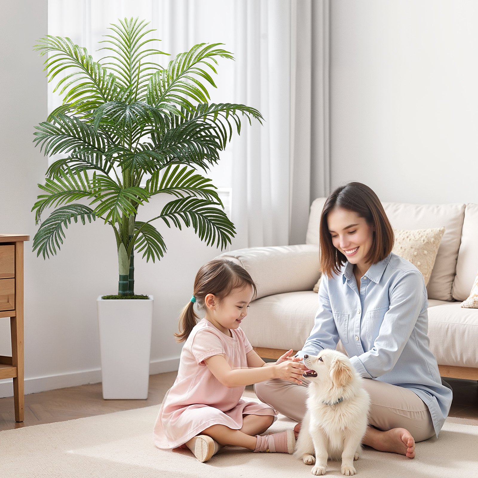 VEVOR Palma Areca Artificiale 1524 mm, Pianta Tropicale Finta con Fioriera Bianca Alta, Pianta Finta in Seta da Pavimento in Vaso, Grandi Alberi per Casa, Ufficio, Soggiorno, Interno ed Esterno