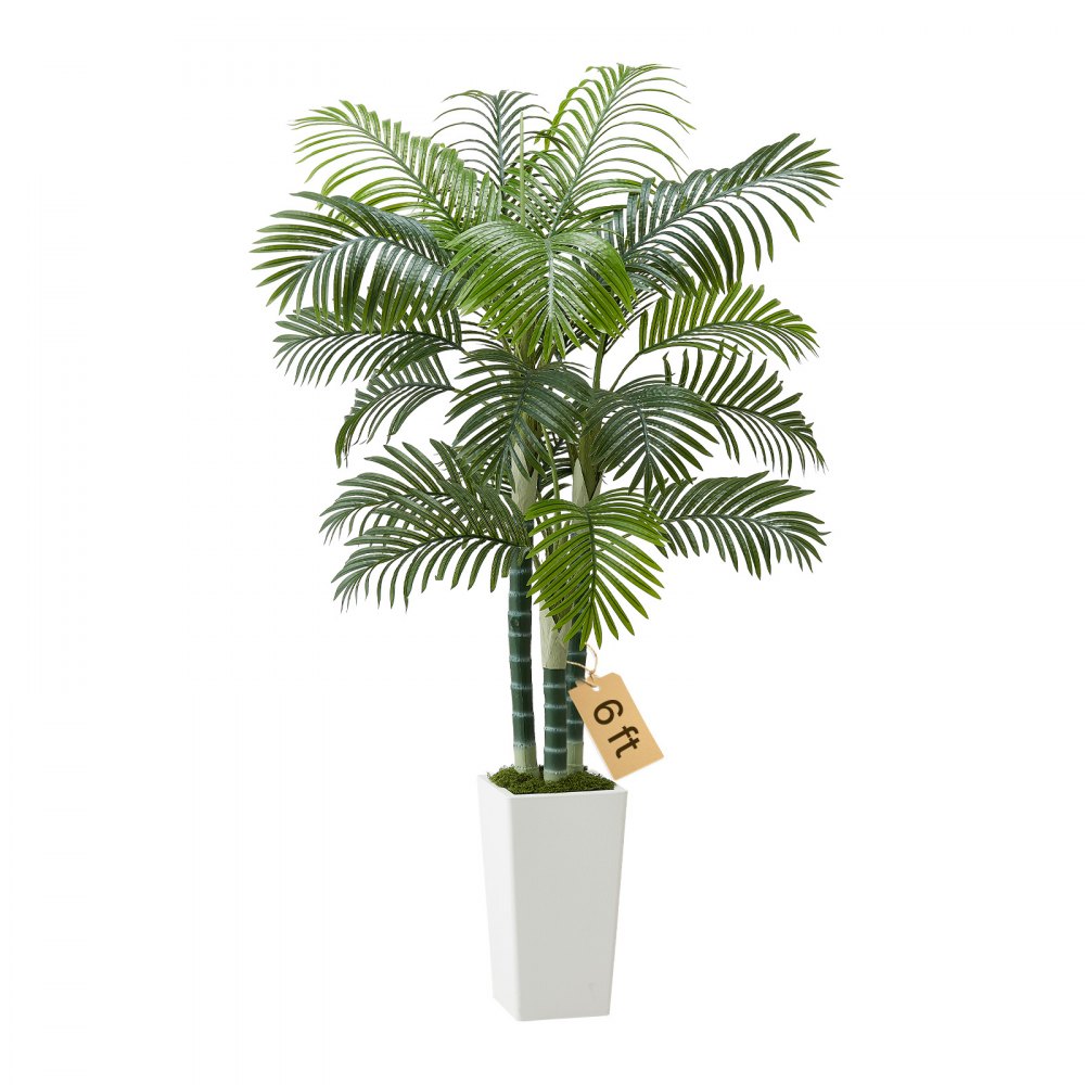 VEVOR Palma Areca Artificiale 1829 mm, Pianta Tropicale Finta con Fioriera Bianca Alta, Pianta Finta in Seta da Pavimento in Vaso, Grandi Alberi per Casa, Ufficio, Soggiorno, Interno ed Esterno