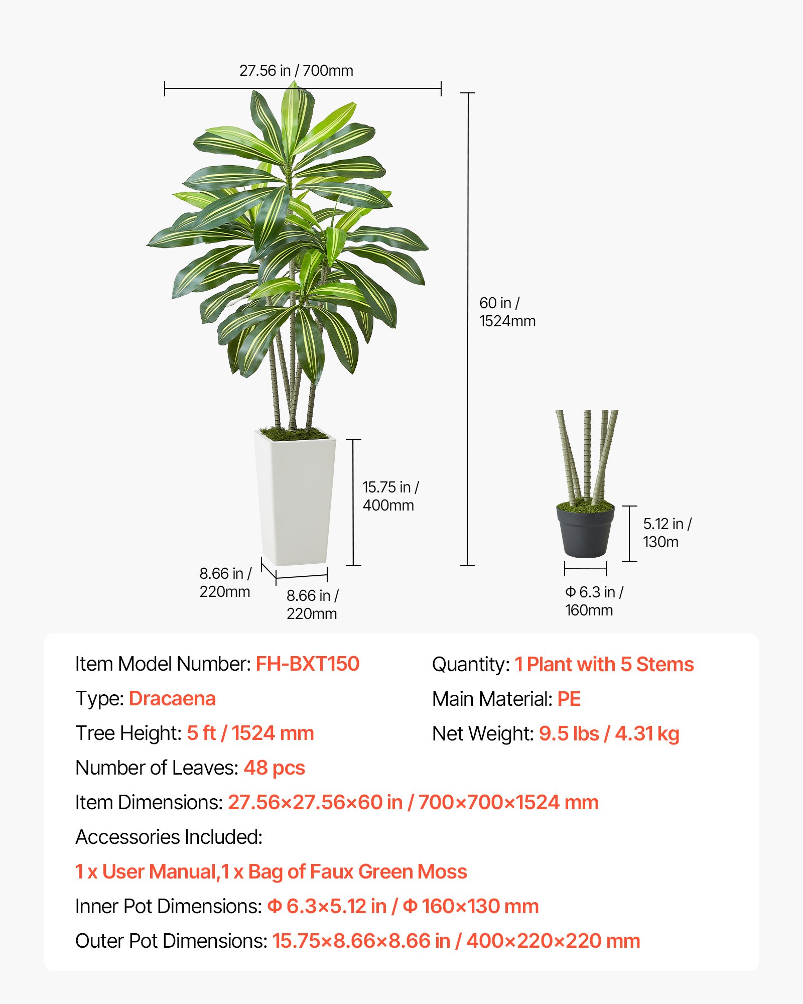 VEVOR Dracena Artificiale 1524 mm, Palma Tropicale Finta con Vaso Alto Bianco, Pianta Finta in Seta da Pavimento in Vaso, Grandi Alberi per Casa, Ufficio, Soggiorno, Decorazione Interna ed Esterna