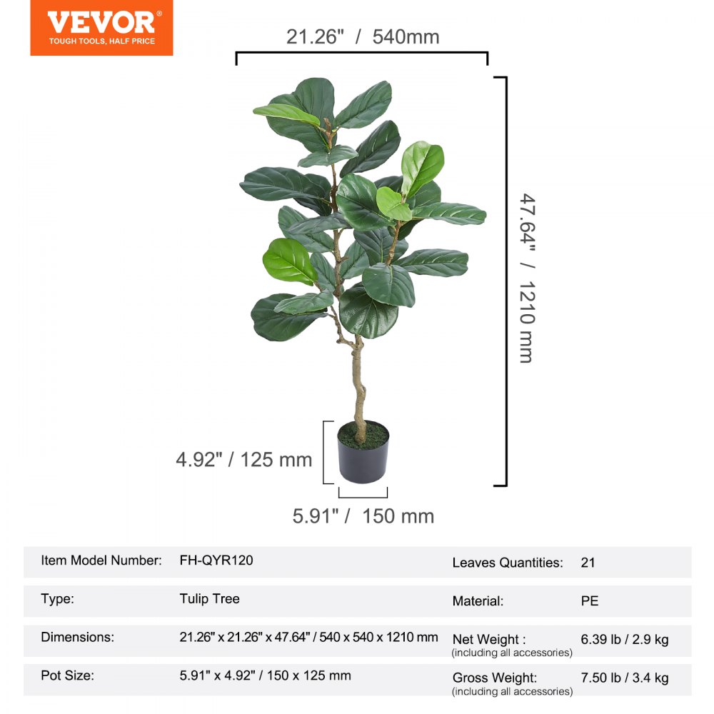 VEVOR Pianta Artificiale, 121 cm Albero di Fico Foglie di Violino Finta Realistica Materiale PE di Qualità Protezione Antiribaltamento Vaso Φ150x125 mm Decorazione per Casa Ufficio Interni ed Esterni
