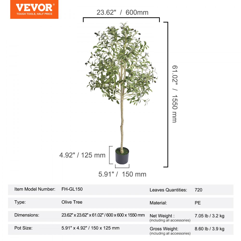 VEVOR Albero Artificiale, 155 cm Albero Olivo Pianta Finta Realistica Ulivo con Vaso Φ150x125 mm, Materiale PE di Qualità Protezione Antiribaltamento, Decorazione per Casa Ufficio Interni ed Esterni
