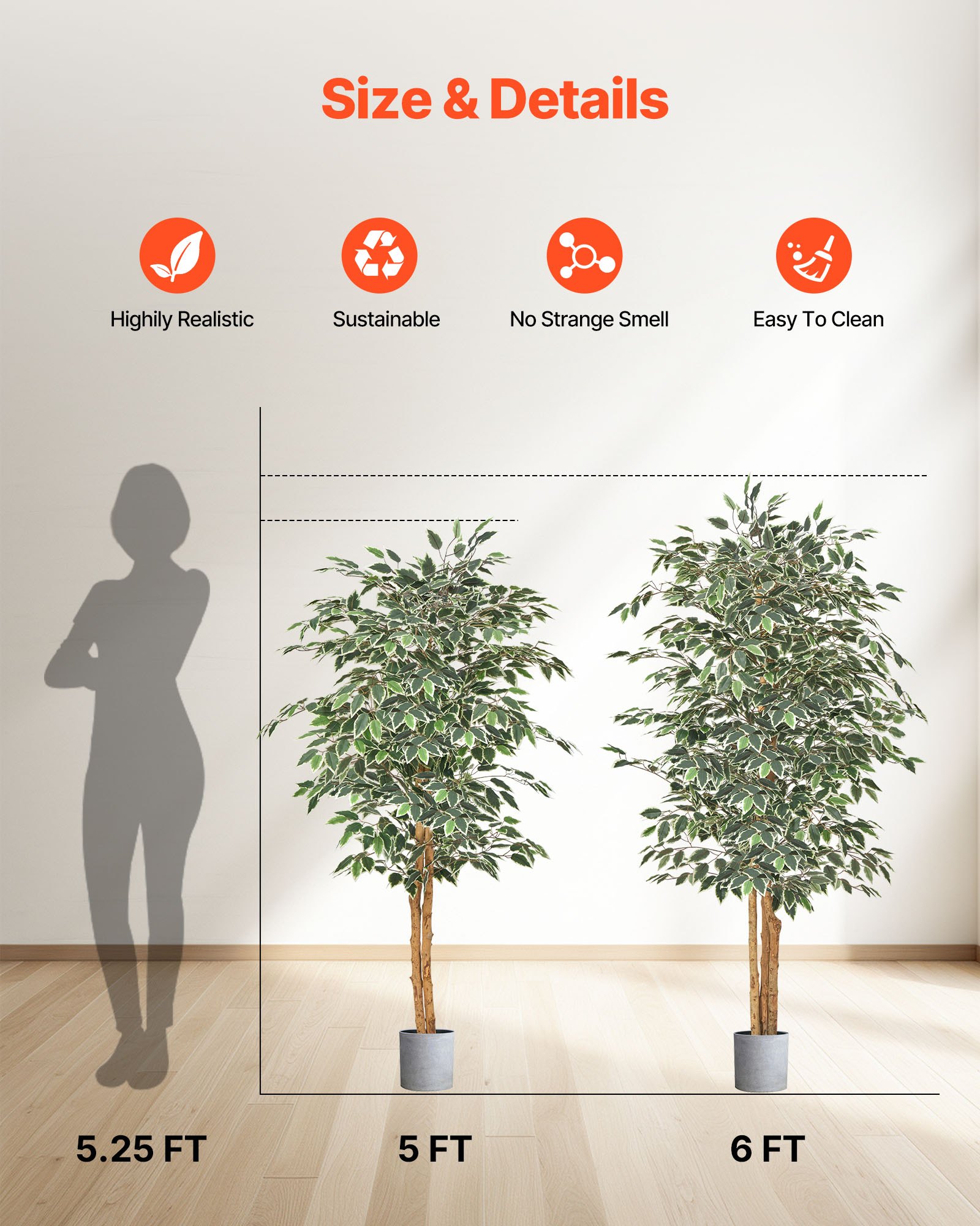 VEVOR 150cm Artificial Ficus Tree with Black Pot, Tall Faux Ficus Plant with Natural Wood Trunk and Realistic Green Leaves, Indoor Fake Silk Tree for Home, Office, Living Room, or Corner Décor