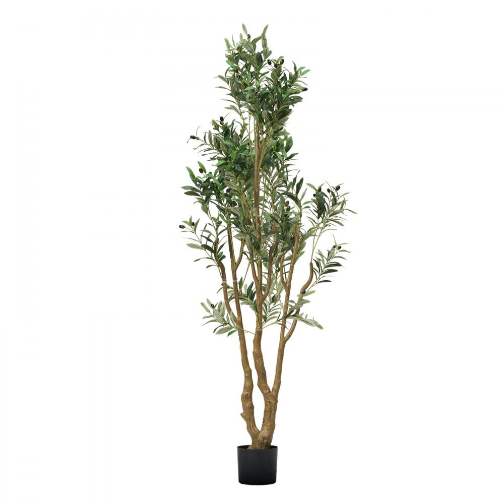 VEVOR 180 cm Albero di Ulivo Artificiale con Vaso Nero, Albero Finto Alto con Tronco in Legno Naturale e Foglie e Frutti Verdi Realistici, Pianta Artificiale da Interno per Casa, Ufficio, Soggiorno