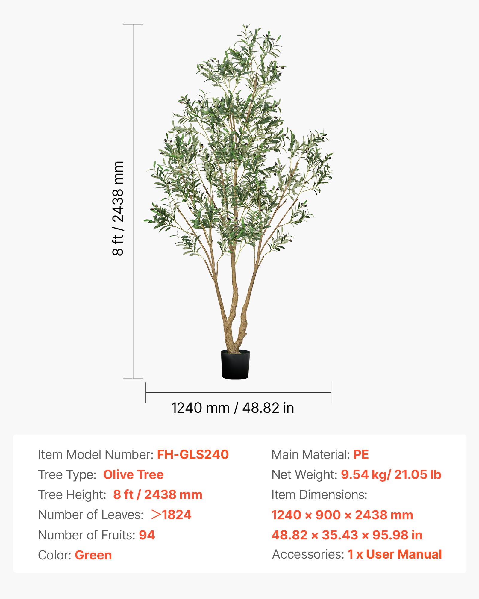 VEVOR 240cm Artificial Olive Tree with Black Pot, Tall Fake Tree with Natural Wood Trunk & Realistic Green Leaves and Fruits, Indoor Faux Plant for Home, Office, Living Room, Corner Decor