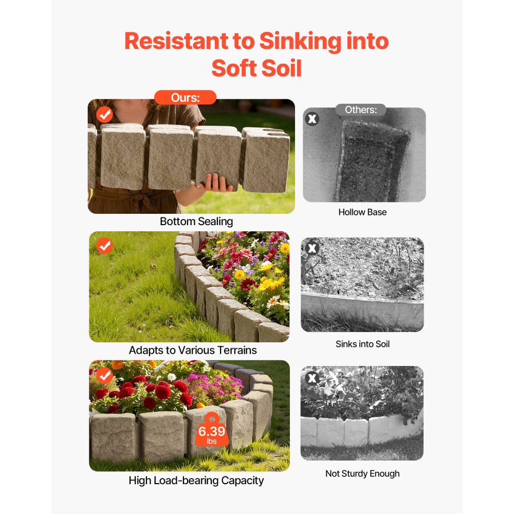 VEVOR Bordatura per Prato in Finta Pietra 1200 x 230 mm Bordatura per Cortile Resistente allo Sbiadimento, Dimensioni di Mattone con Punte di Ancoraggio, per Vialetti, Passerelle, Beige, 4 Pezzi