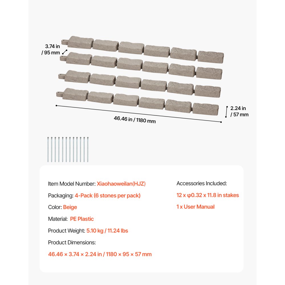 VEVOR Bordatura per Prato in Finta Pietra 1180 x 57 mm Bordatura per Cortile Resistente allo Sbiadimento, Dimensioni di Mattone con Punte di Ancoraggio, per Vialetti, Passerelle, Beige, 4 Pezzi