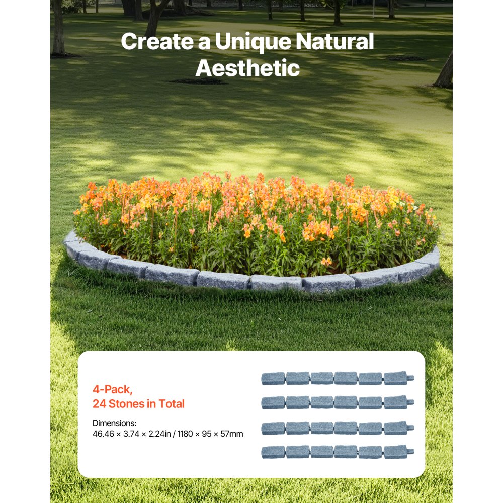 VEVOR Bordatura per Prato in Finta Pietra 1180 x 57 mm Bordatura per Cortile Resistente allo Sbiadimento, Dimensioni di Mattone con Punte di Ancoraggio, per Vialetti, Passerelle, Grigio, 4 Pezzi