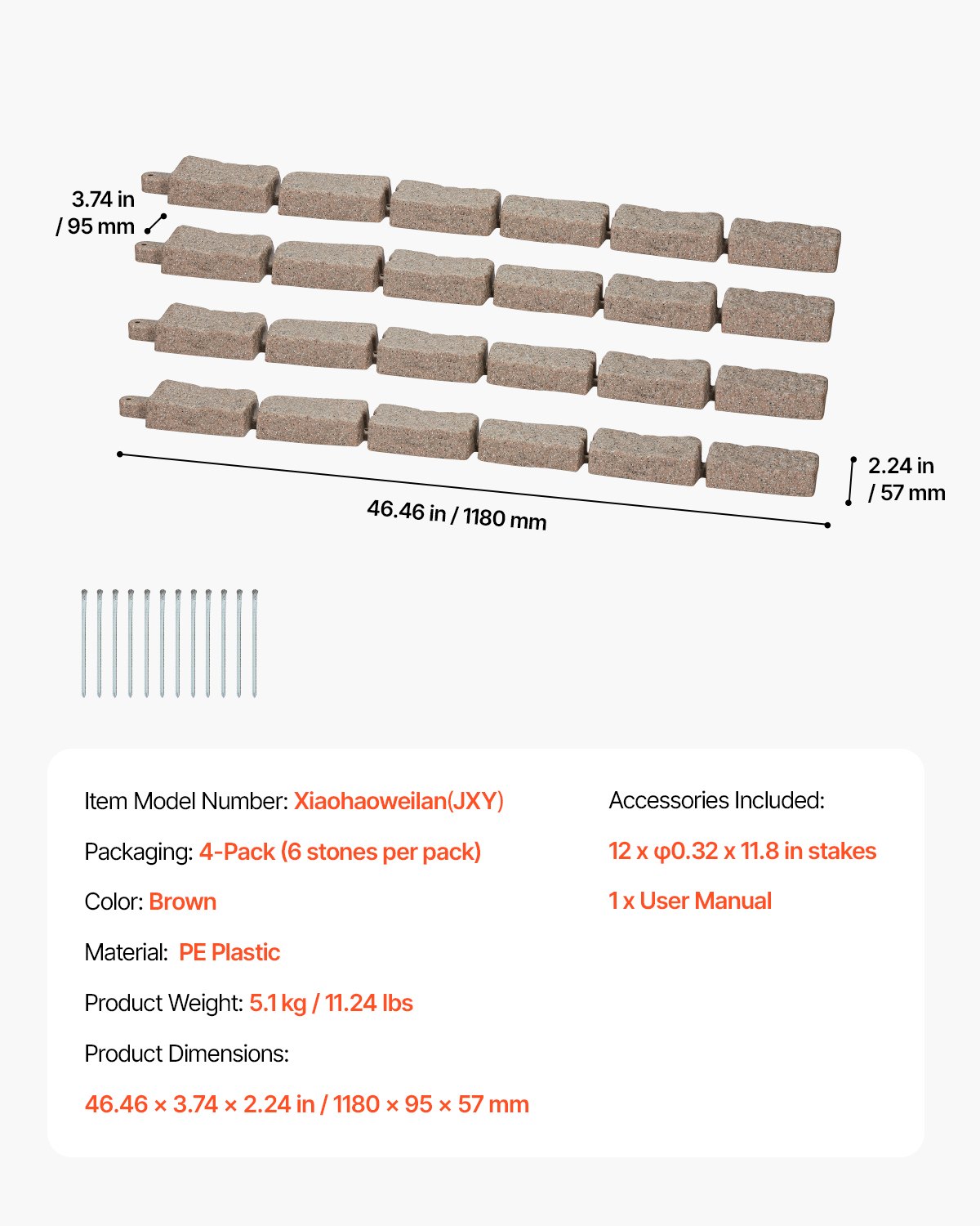 VEVOR Bordatura per Prato in Finta Pietra da 1180 x 57 mm Bordatura per Cortile Resistente allo Sbiadimento, Dimensioni di Mattone con Punte di Ancoraggio, per Vialetti, Passerelle, Marrone, 4 Pezzi