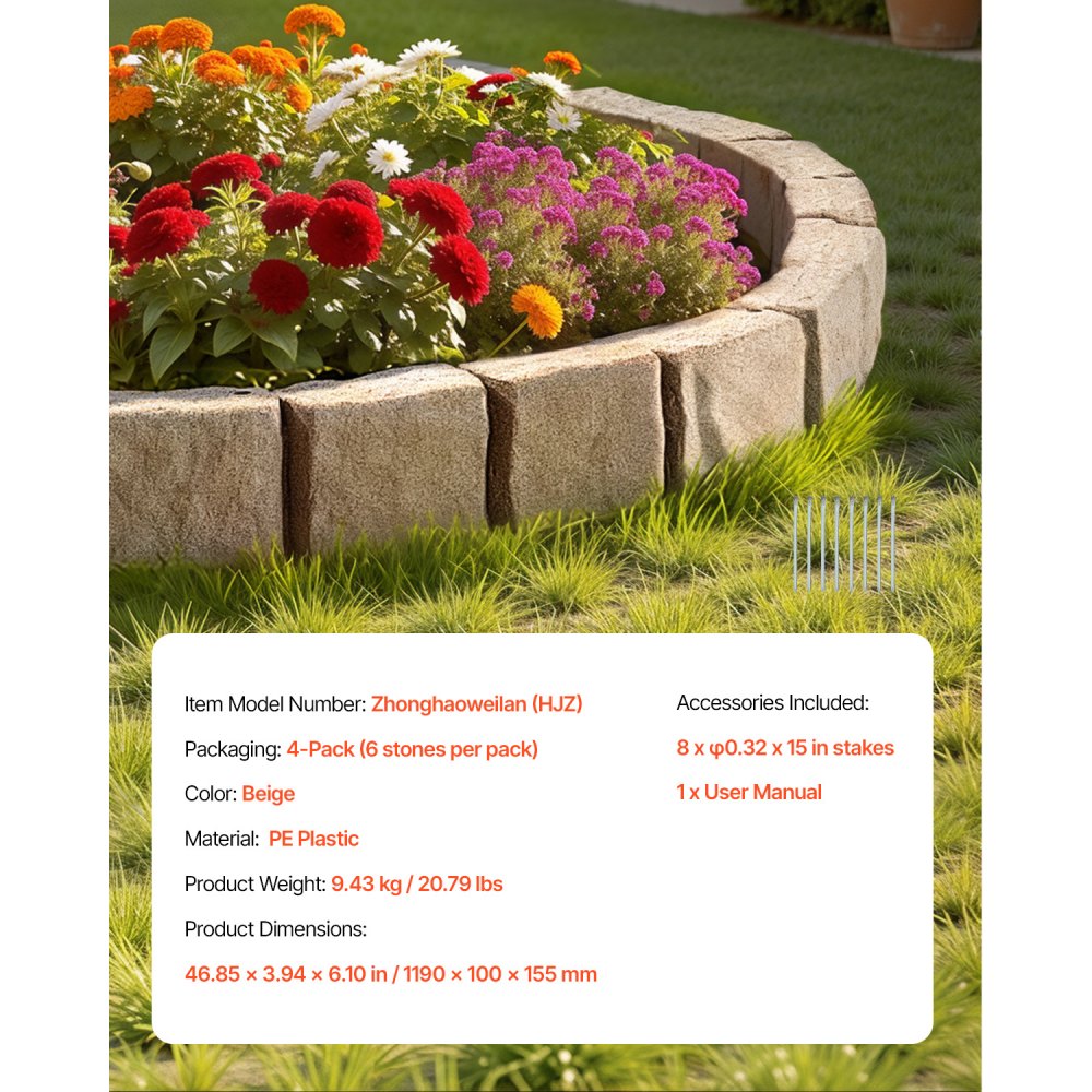 VEVOR Bordatura per Prato in Finta Pietra 1190 x 100 mm Bordatura per Cortile Resistente allo Sbiadimento, Dimensioni di Mattone con Punte di Ancoraggio, per Vialetti, Passerelle, Beige, 4 Pezzi