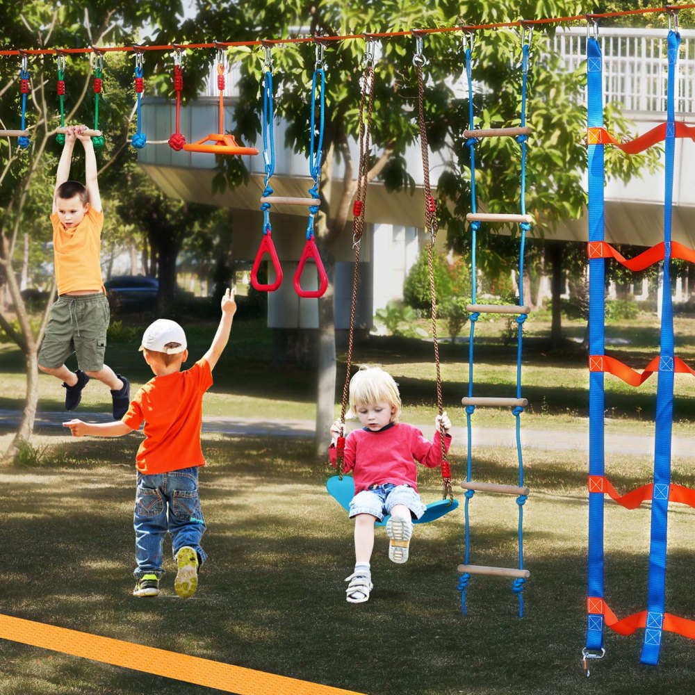 VEVOR Ninja Kit per Bambini Slackline da Arrampicata Percorso a Ostacoli 2x18,29 m Carico 226,8 kg 14 Ostacoli Attrezzatura da Gioco all'Aperto con Rete da Arrampicata Monkey Bar per Cortile Giardino